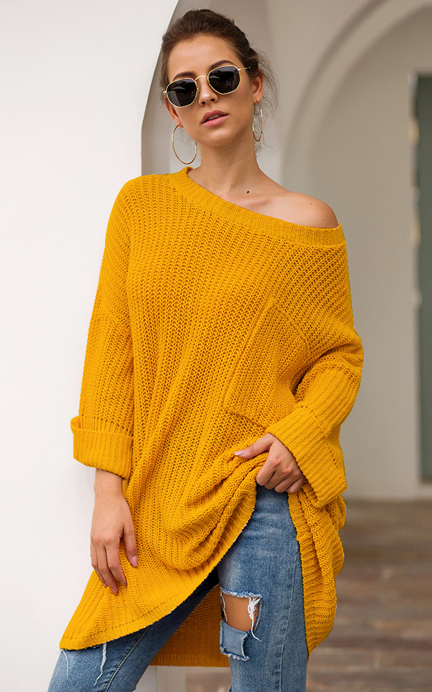 SZ60241-2 Yellow Knit One Shoulder Long Sleeve Casual Sweater